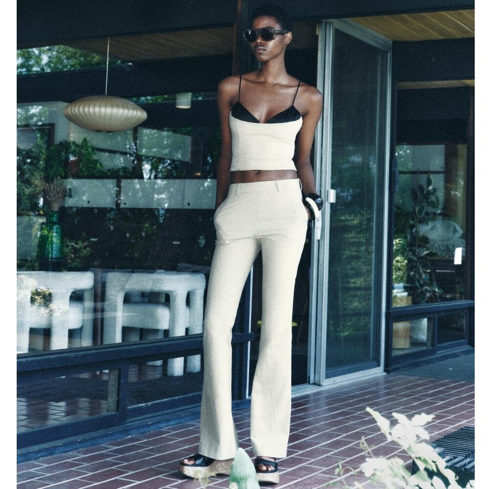 Zara Flared Mid Waist Pants Khaki NWT